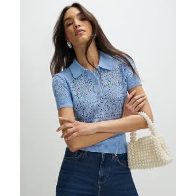Blue Stitched Knit Polo Top
