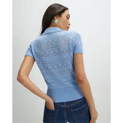 Blue Stitched Knit Polo Top