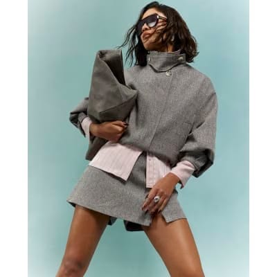 Brown Funnel Neck Bubble Hem Bomber Jacket
