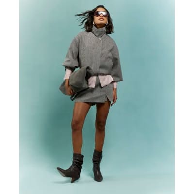 Brown Funnel Neck Bubble Hem Bomber Jacket