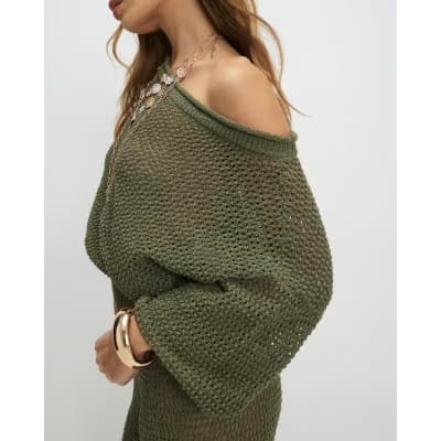 Khaki Open Stitch Knit Off The Shoulder Top