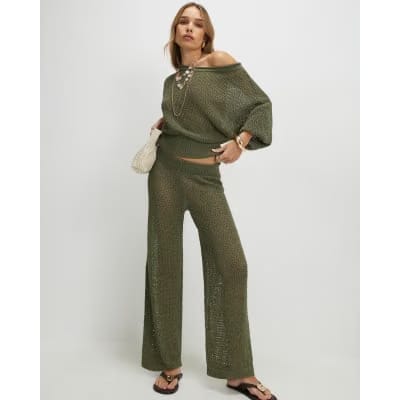Khaki Open Stitch Knit Off The Shoulder Top