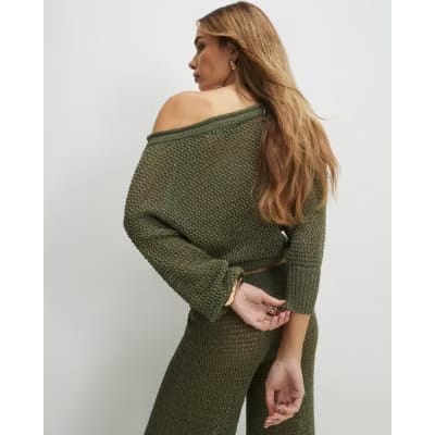 Khaki Open Stitch Knit Off The Shoulder Top