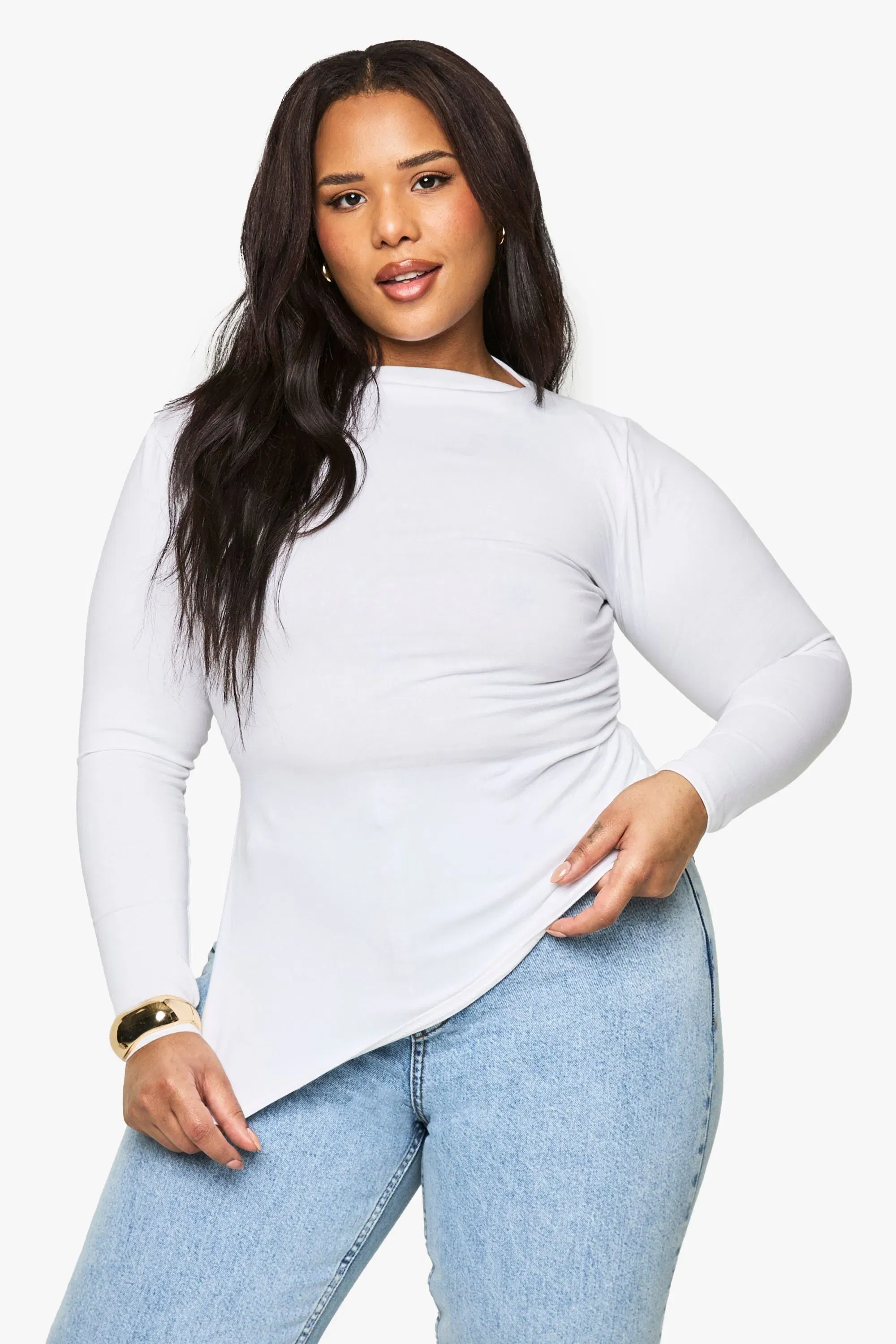 Plus Cotton Ruched Side Asymmetric Hem Long Sleeve Top