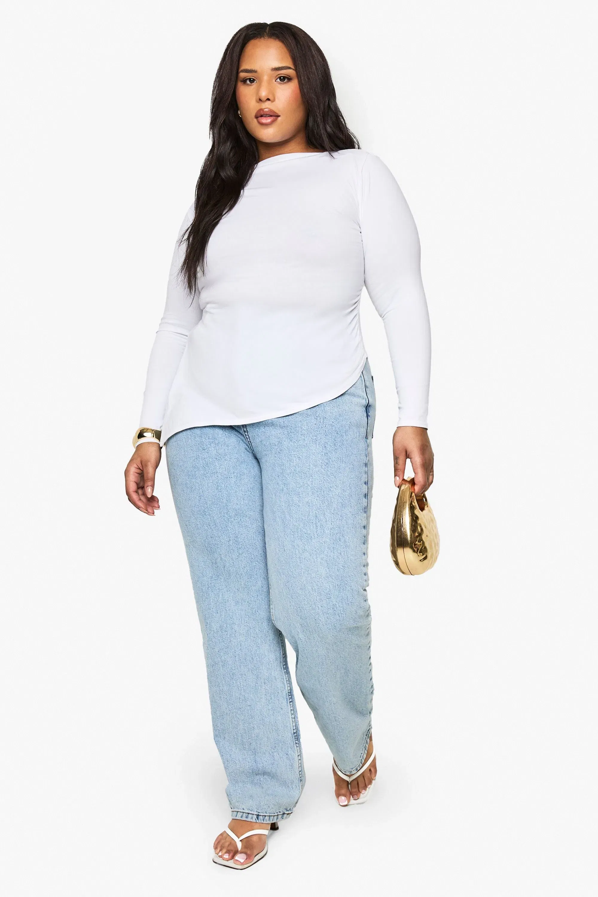 Plus Cotton Ruched Side Asymmetric Hem Long Sleeve Top