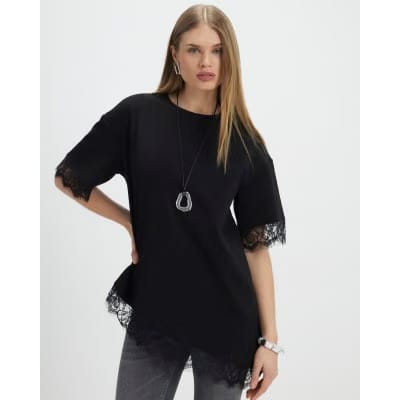 Black Short Sleeve Lace Trim Asymmetric Top