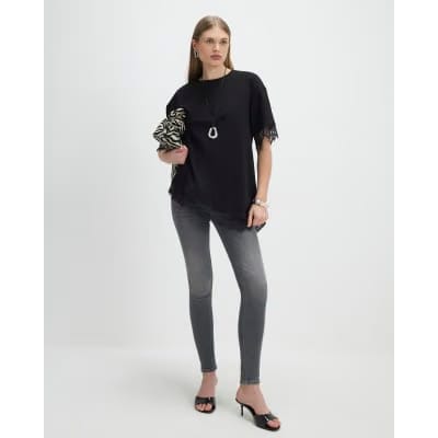 Black Short Sleeve Lace Trim Asymmetric Top