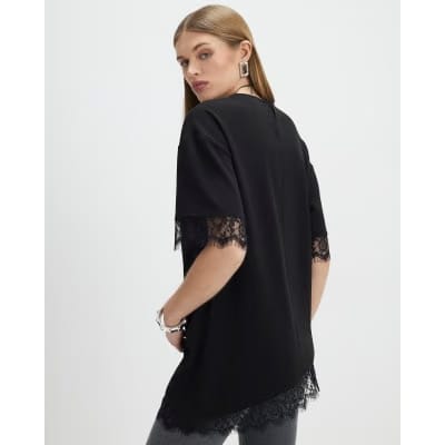 Black Short Sleeve Lace Trim Asymmetric Top
