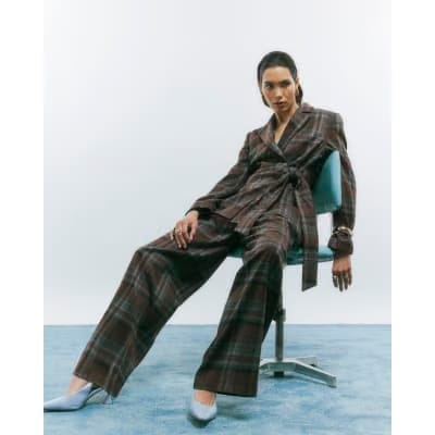 Brown Check Wide Leg Trousers