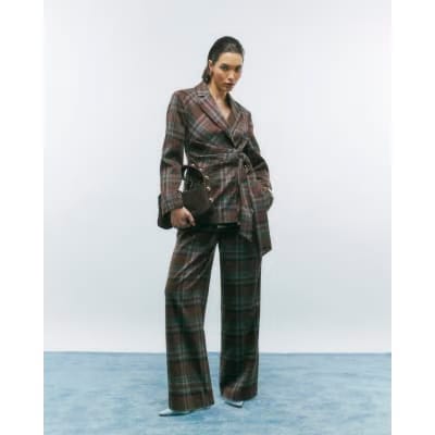 Brown Check Wide Leg Trousers