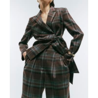 Brown Check Wide Leg Trousers