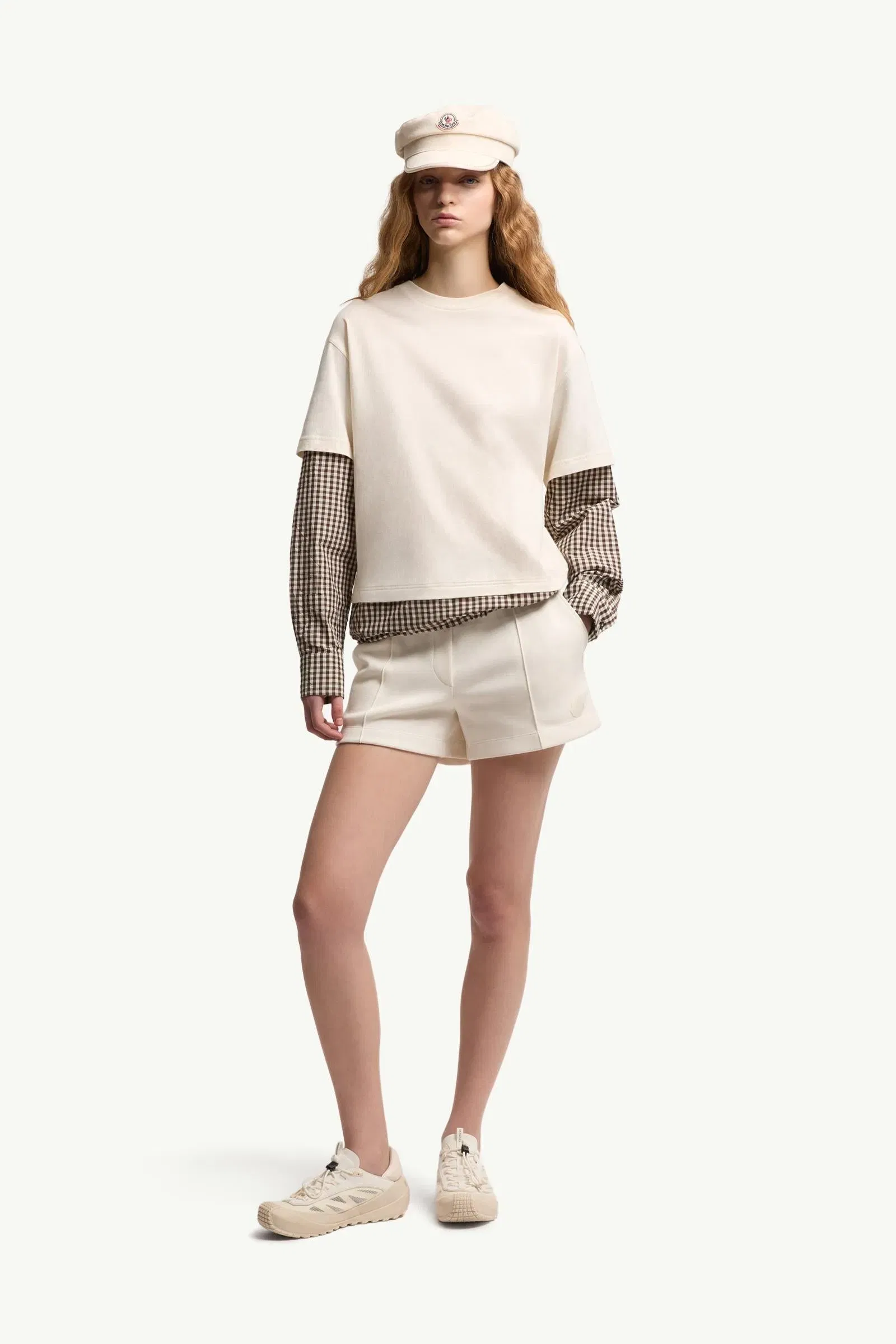 Moncler Layered-Effect Vichy Cotton Blend T-Shirt Light Beige Light Beige