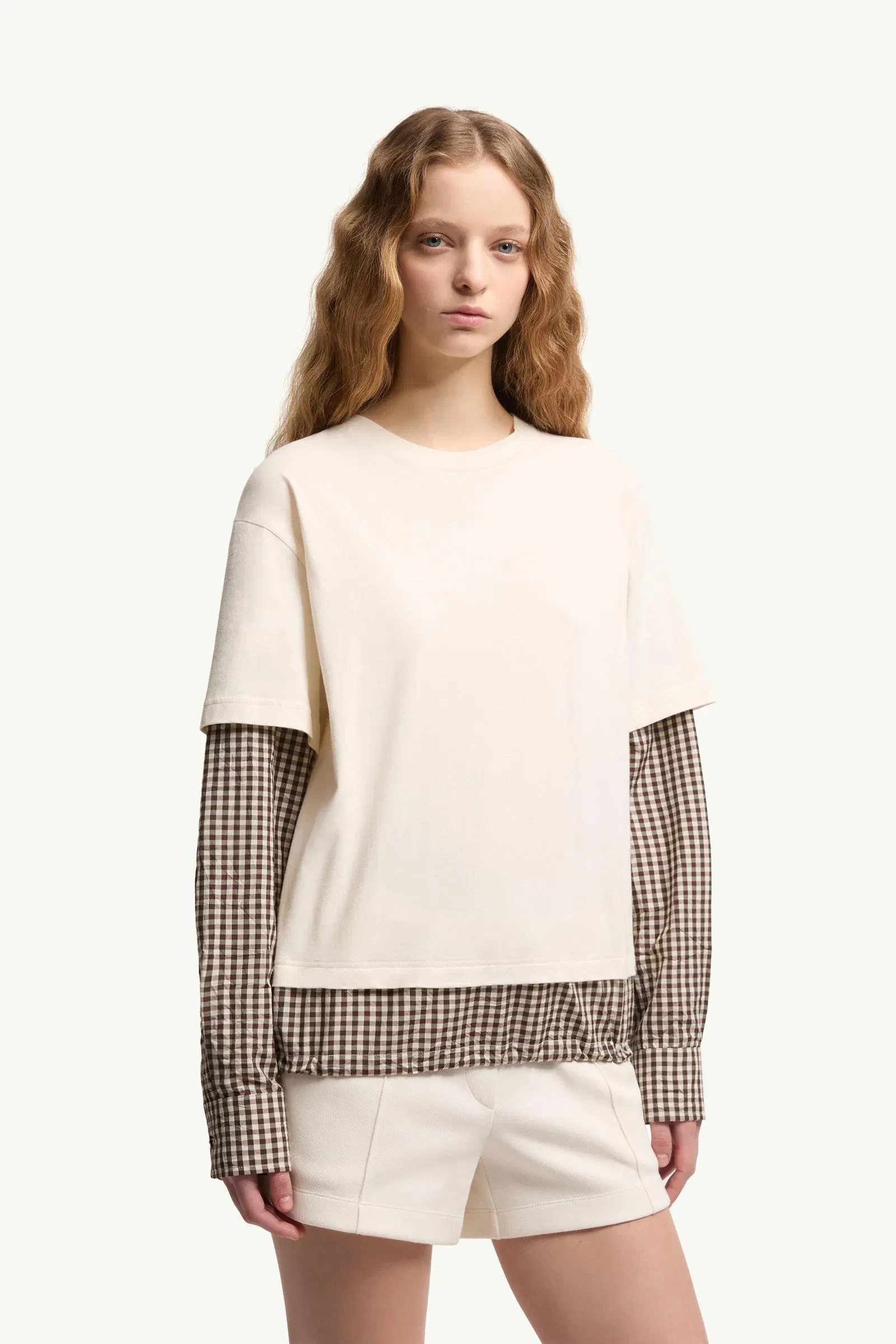 Moncler Layered-Effect Vichy Cotton Blend T-Shirt Light Beige Light Beige