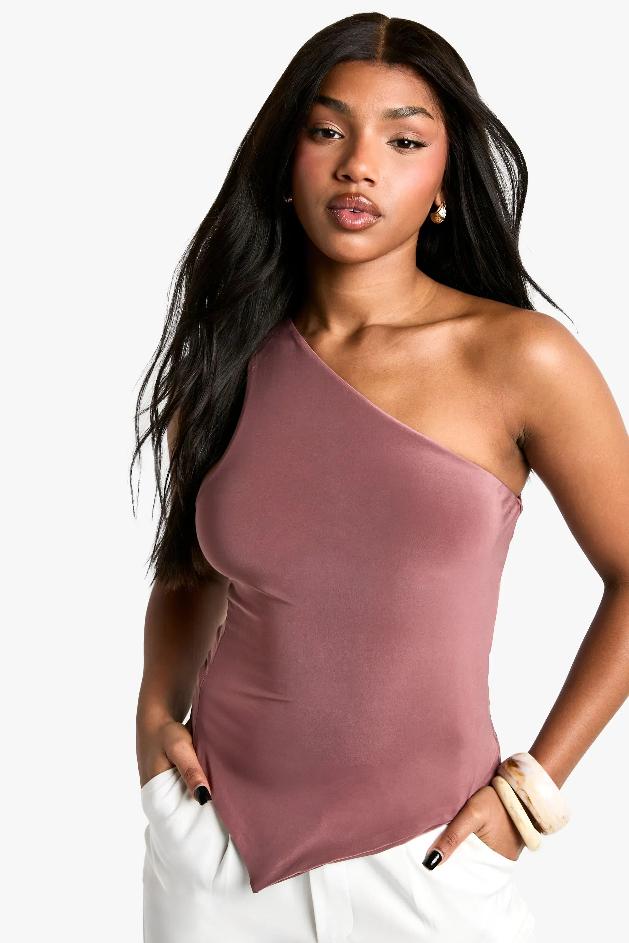 Double Layer Slinky One Shoulder Asym Hem Top