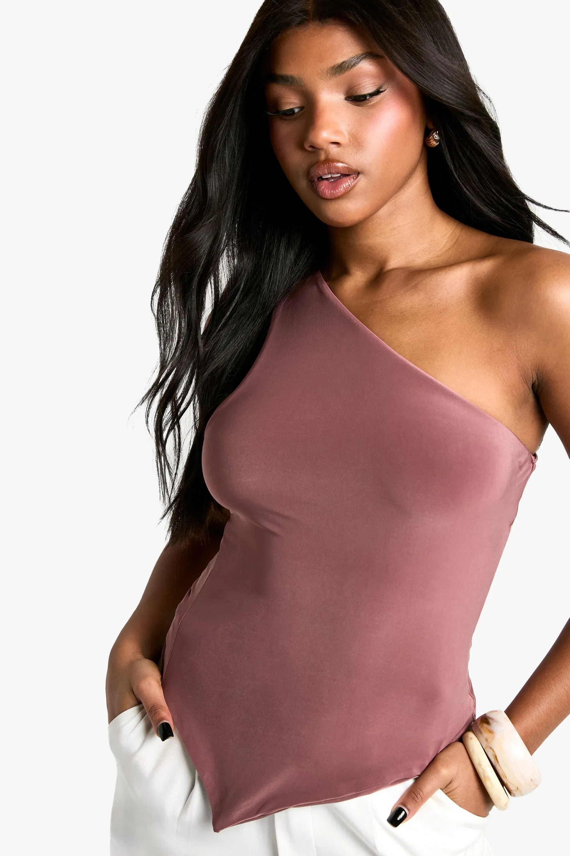Double Layer Slinky One Shoulder Asym Hem Top