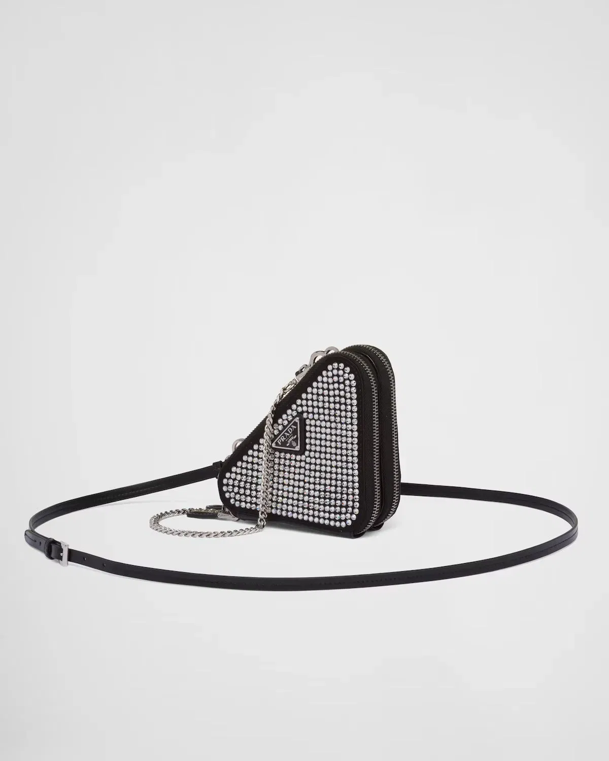 Triangular embellished satin and leather mini-pouch