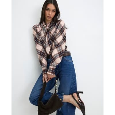 Pink Check Print Long Sleeve Blouse