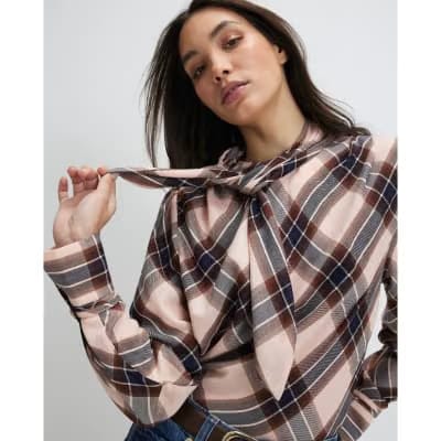 Pink Check Print Long Sleeve Blouse