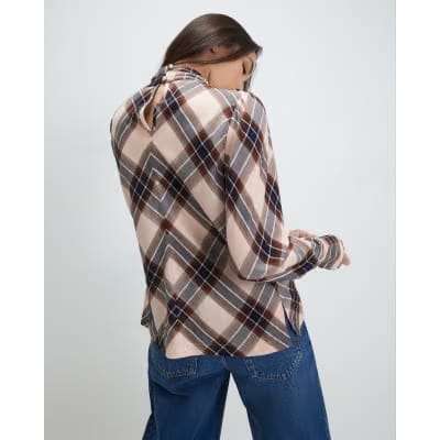 Pink Check Print Long Sleeve Blouse