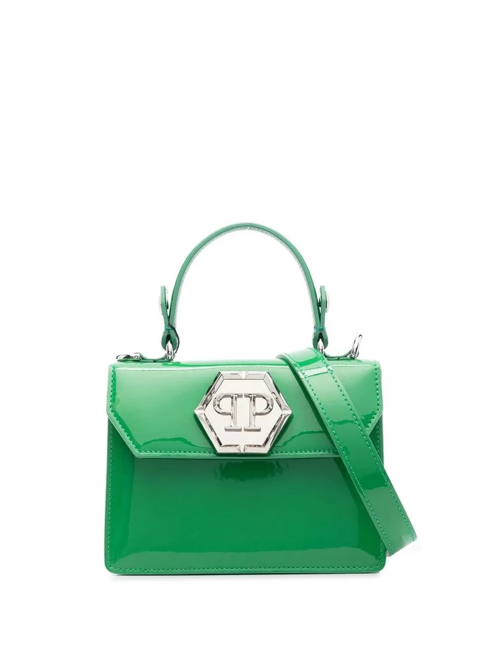 logo-plaque patent-leather handbag