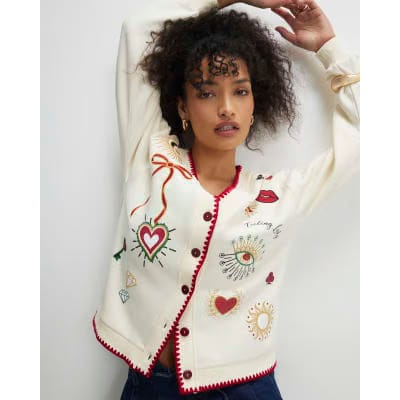 Cream Long Sleeve Embroidered Sweat Cardigan