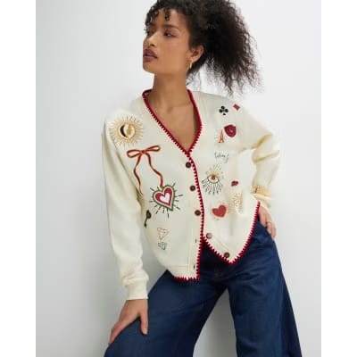 Cream Long Sleeve Embroidered Sweat Cardigan