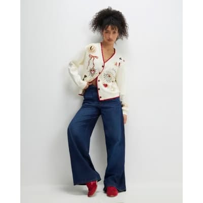 Cream Long Sleeve Embroidered Sweat Cardigan