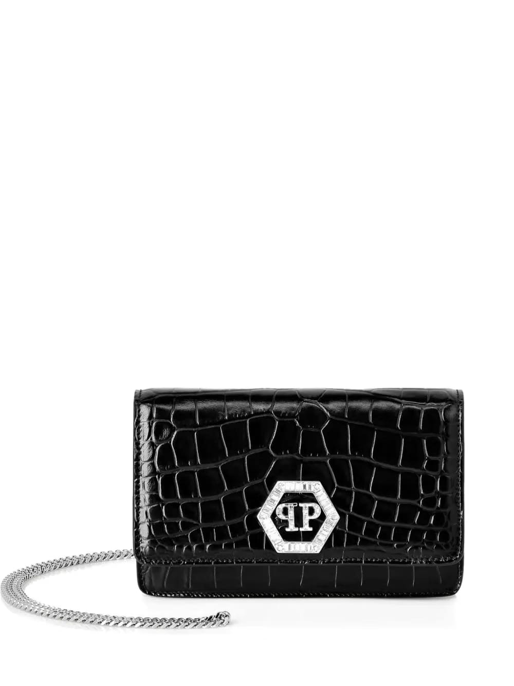 crystal-embellished crocodile-effect clutch