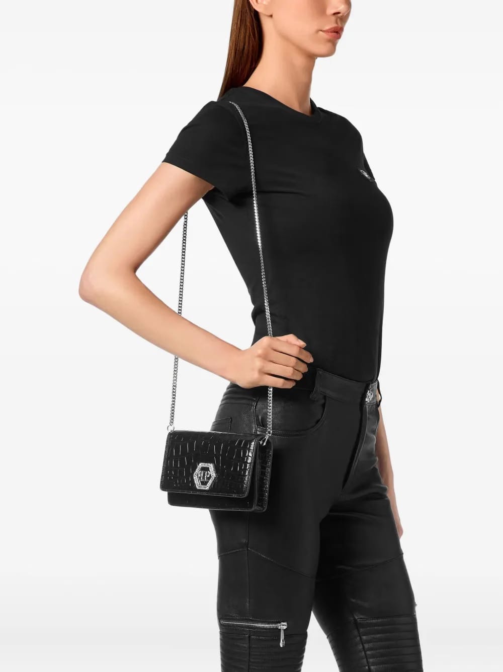 crystal-embellished crocodile-effect clutch