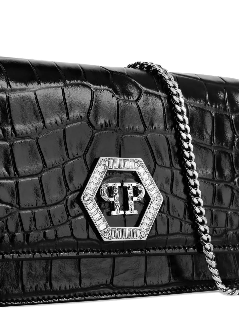 crystal-embellished crocodile-effect clutch