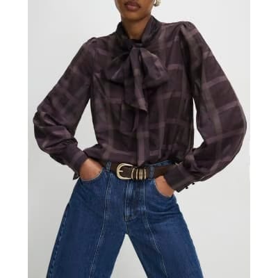 Purple Check Print Pussybow Blouse