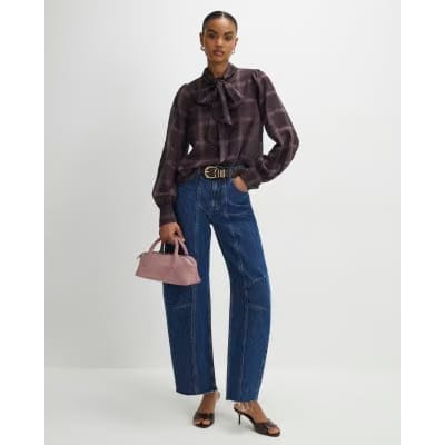 Purple Check Print Pussybow Blouse