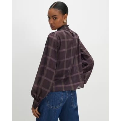 Purple Check Print Pussybow Blouse