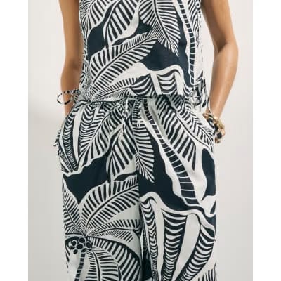 Black Linen Blend Palm Print Beach Trousers