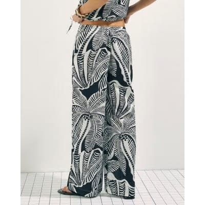 Black Linen Blend Palm Print Beach Trousers
