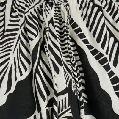 Black Linen Blend Palm Print Beach Trousers