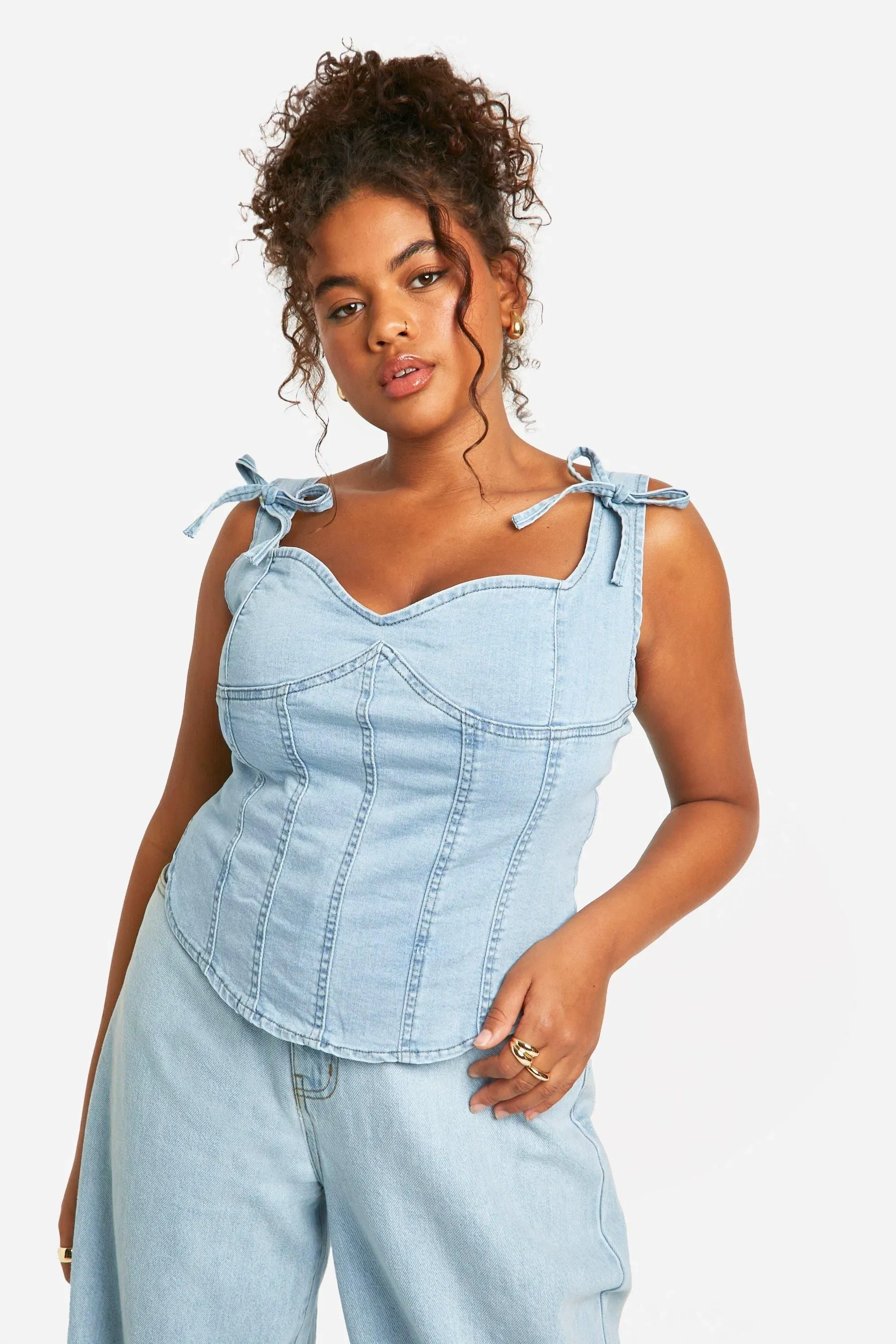 Plus Bow Detail Denim Corset Top