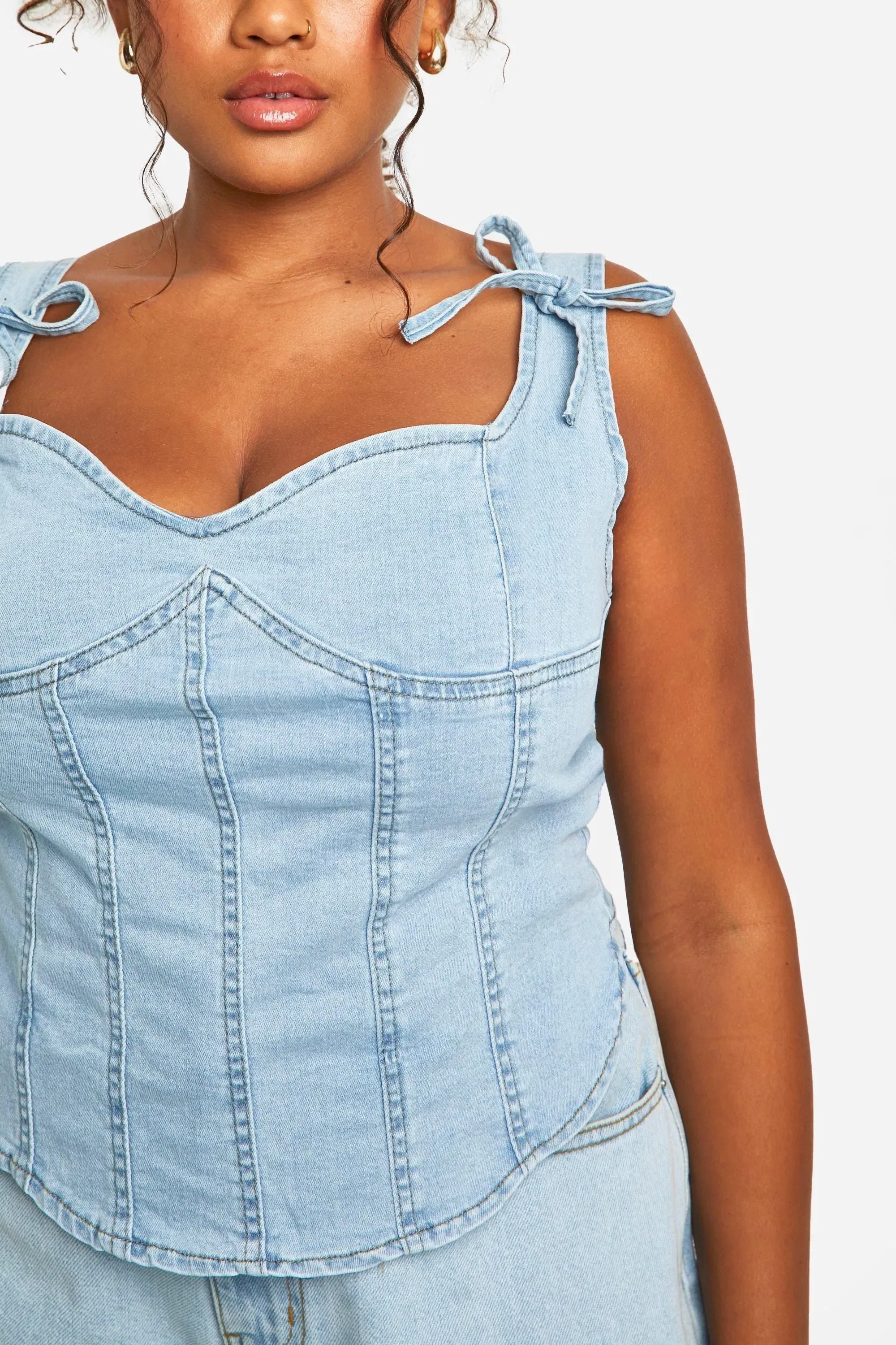 Plus Bow Detail Denim Corset Top