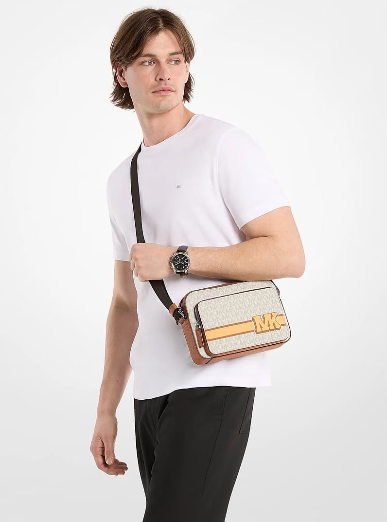 Michael Kors Cooper Embellished Signature Logo Flight Bag Vanilla Combo