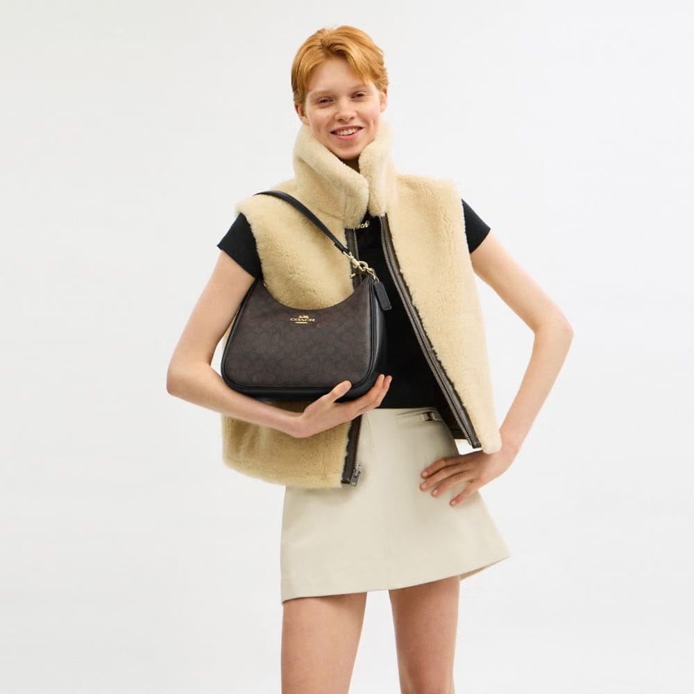 Coach Teri Hobo Bag In Signature Canvas in Gold Walnut Black