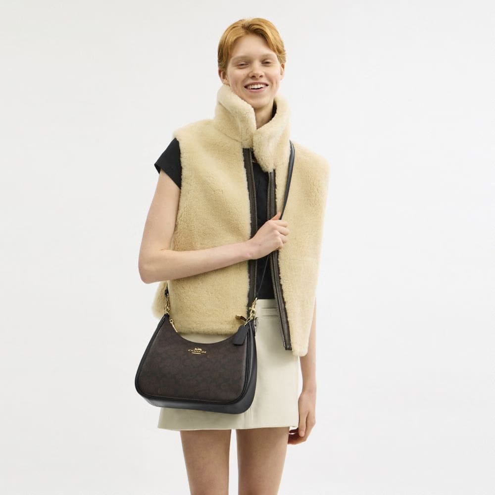 Coach Teri Hobo Bag In Signature Canvas in Gold Walnut Black