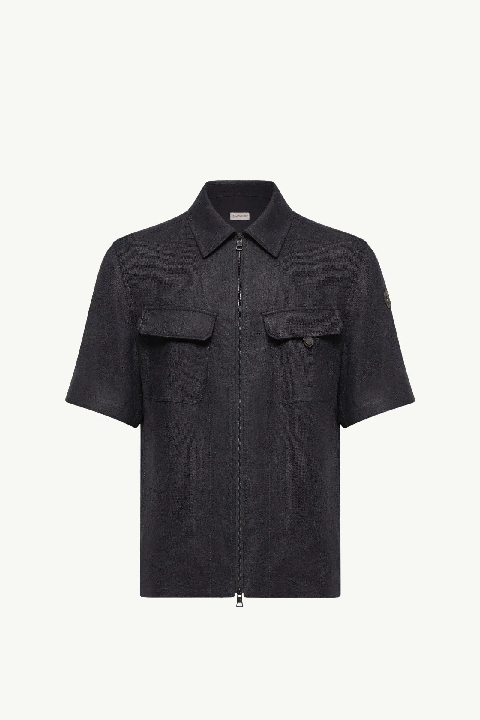 Moncler Linen Twill Short Sleeve Zip-Up Shirt Dark Blue Dark Blue