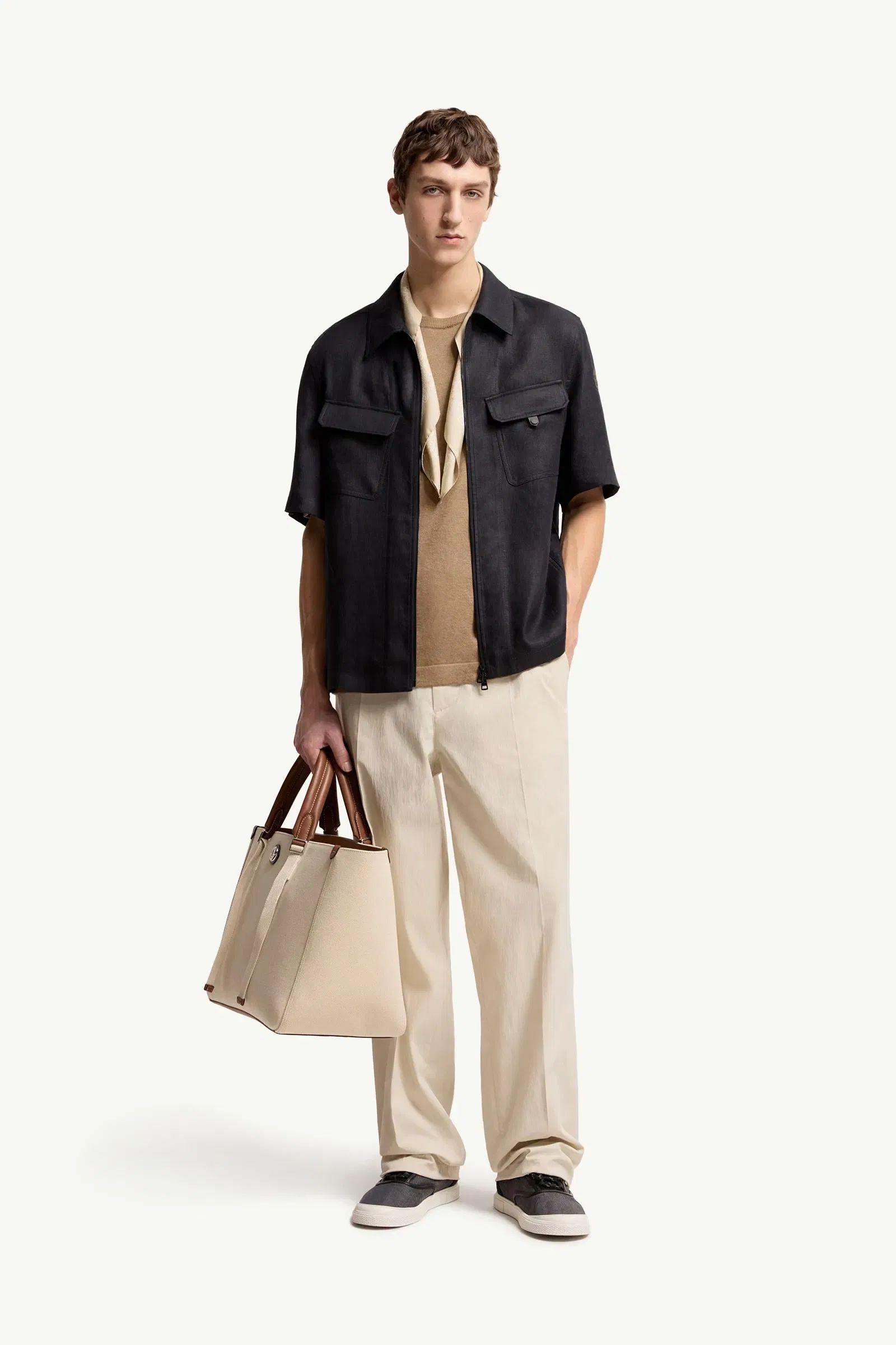 Moncler Linen Twill Short Sleeve Zip-Up Shirt Dark Blue Dark Blue