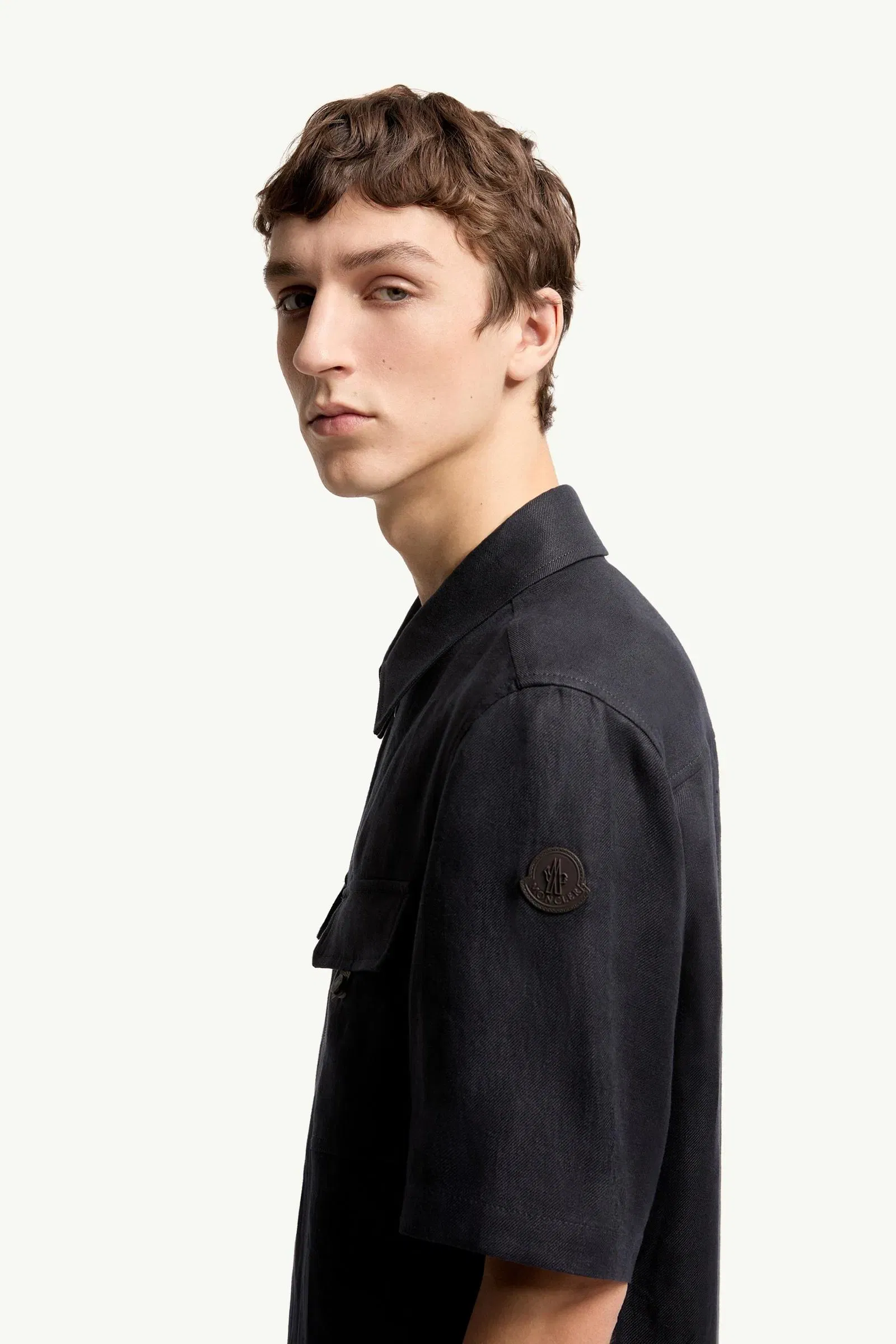 Moncler Linen Twill Short Sleeve Zip-Up Shirt Dark Blue Dark Blue