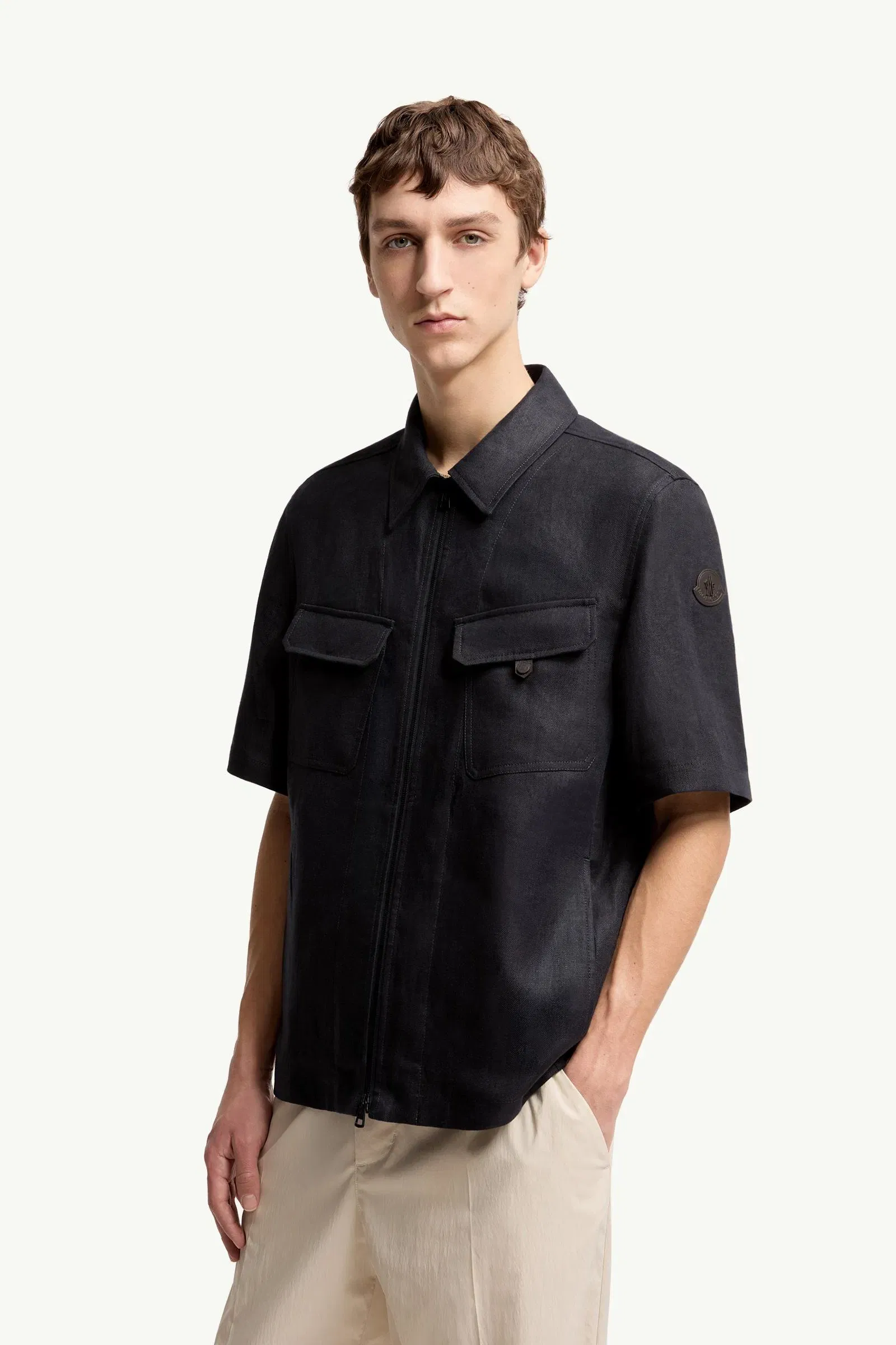 Moncler Linen Twill Short Sleeve Zip-Up Shirt Dark Blue Dark Blue
