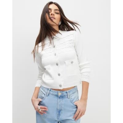 White Scallop Trim Diamante Button Cardigan