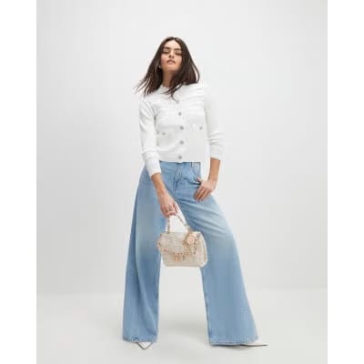 White Scallop Trim Diamante Button Cardigan