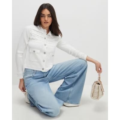 White Scallop Trim Diamante Button Cardigan