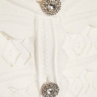 White Scallop Trim Diamante Button Cardigan