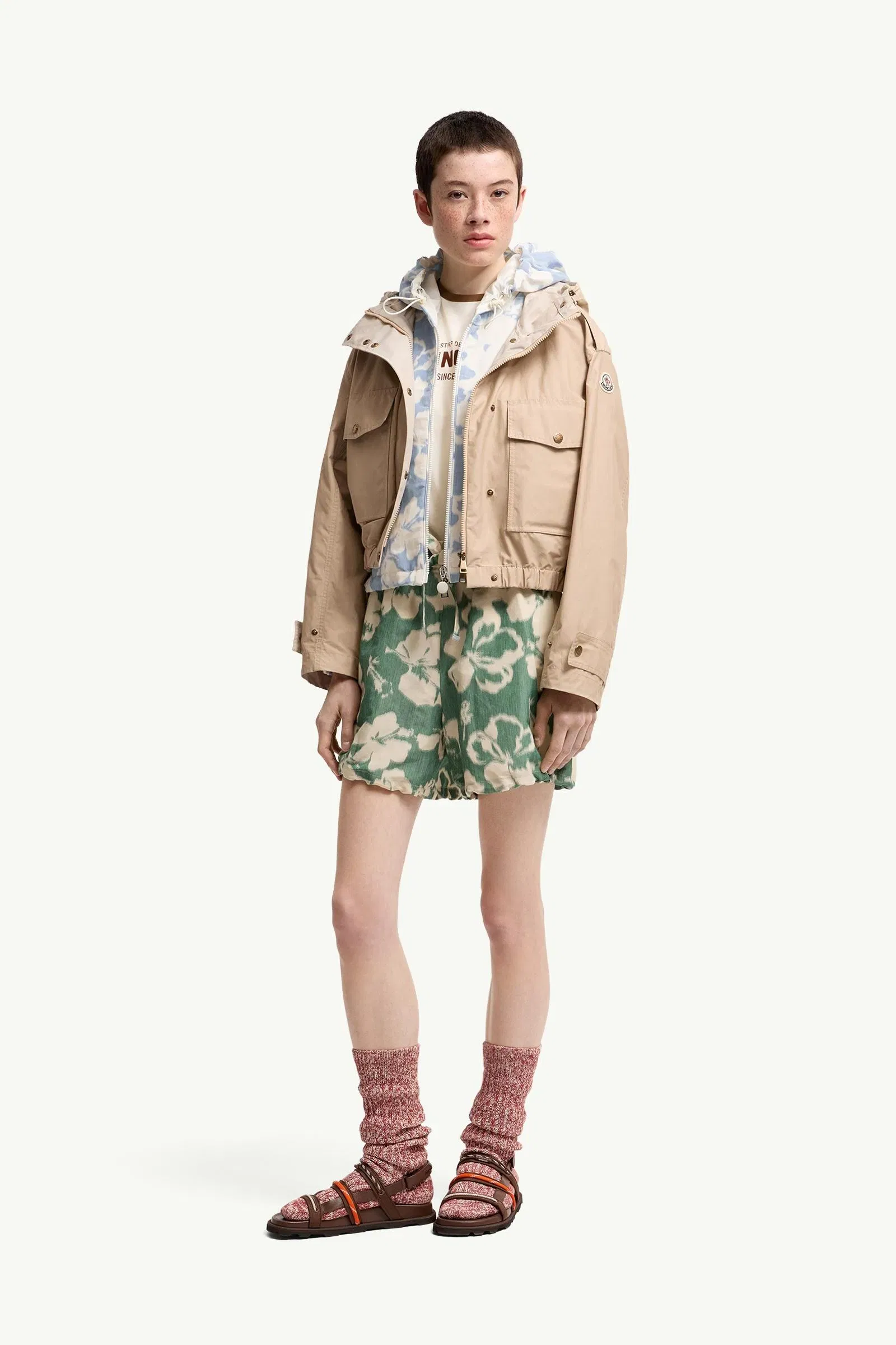 Moncler Floral Print Chiné Shorts Beige & Green Beige & Green